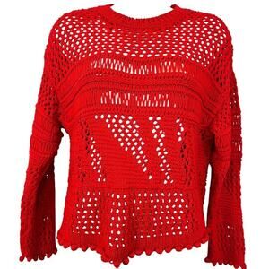 Zara Womens Loose Open Crochet Knit Red Pullover 3/4 Sleeve Sweater sz Small